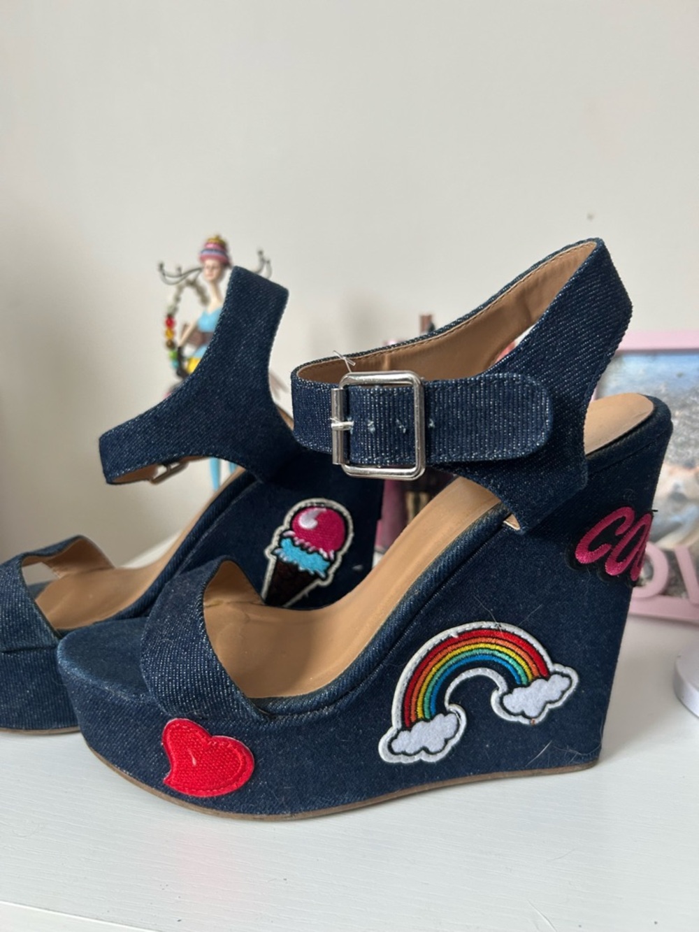 Denim Wedge Sandals with Rainbow & Heart Patches - Picture 4 of 7